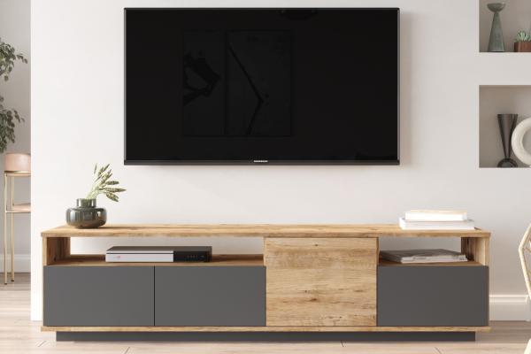 Moderný TV stolík FONDA II 180 cm, MDF, šedý, prírodný