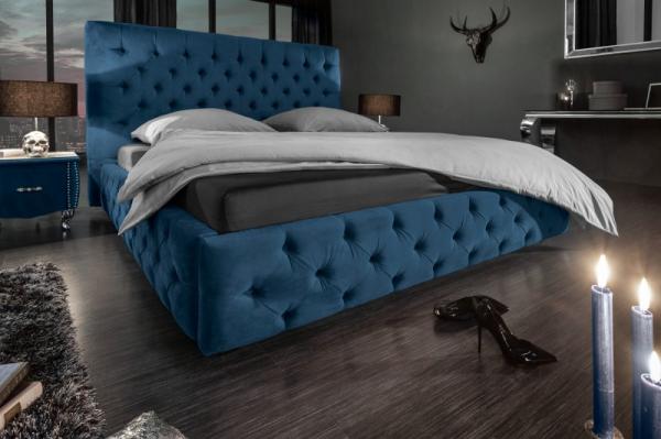 Elegantná manželská posteľ PARIS 160x200 cm tmavomodrý zamat v prevedení Chesterfield